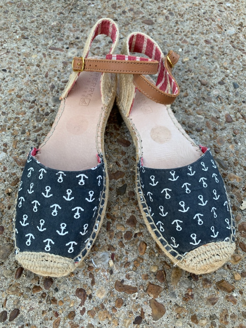 Sperry Navy Anchor Espadrille Sandals with Tan Straps